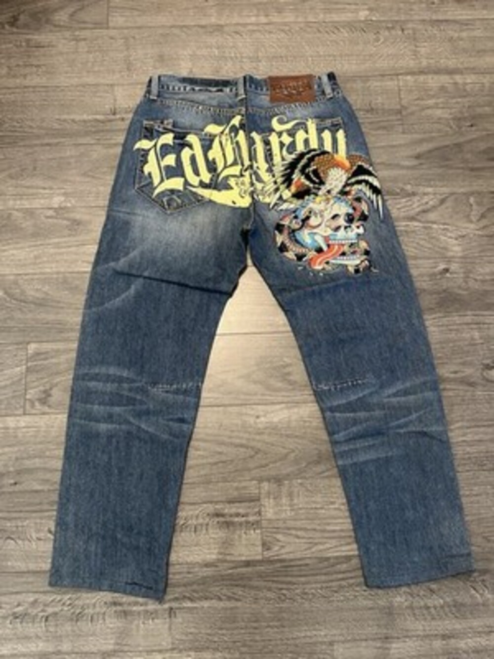 Ed Hardy Denim Jeans with Eagle and Dragon Graphic, Vintage Blue Wash, Distresse